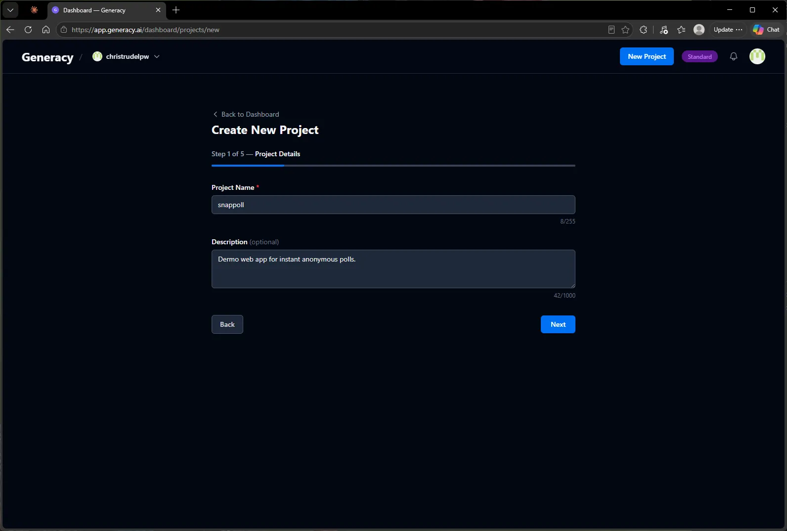 Create New Project wizard, step 1 of 5 — Project Details, with the name "snappoll" and a short description filled in.