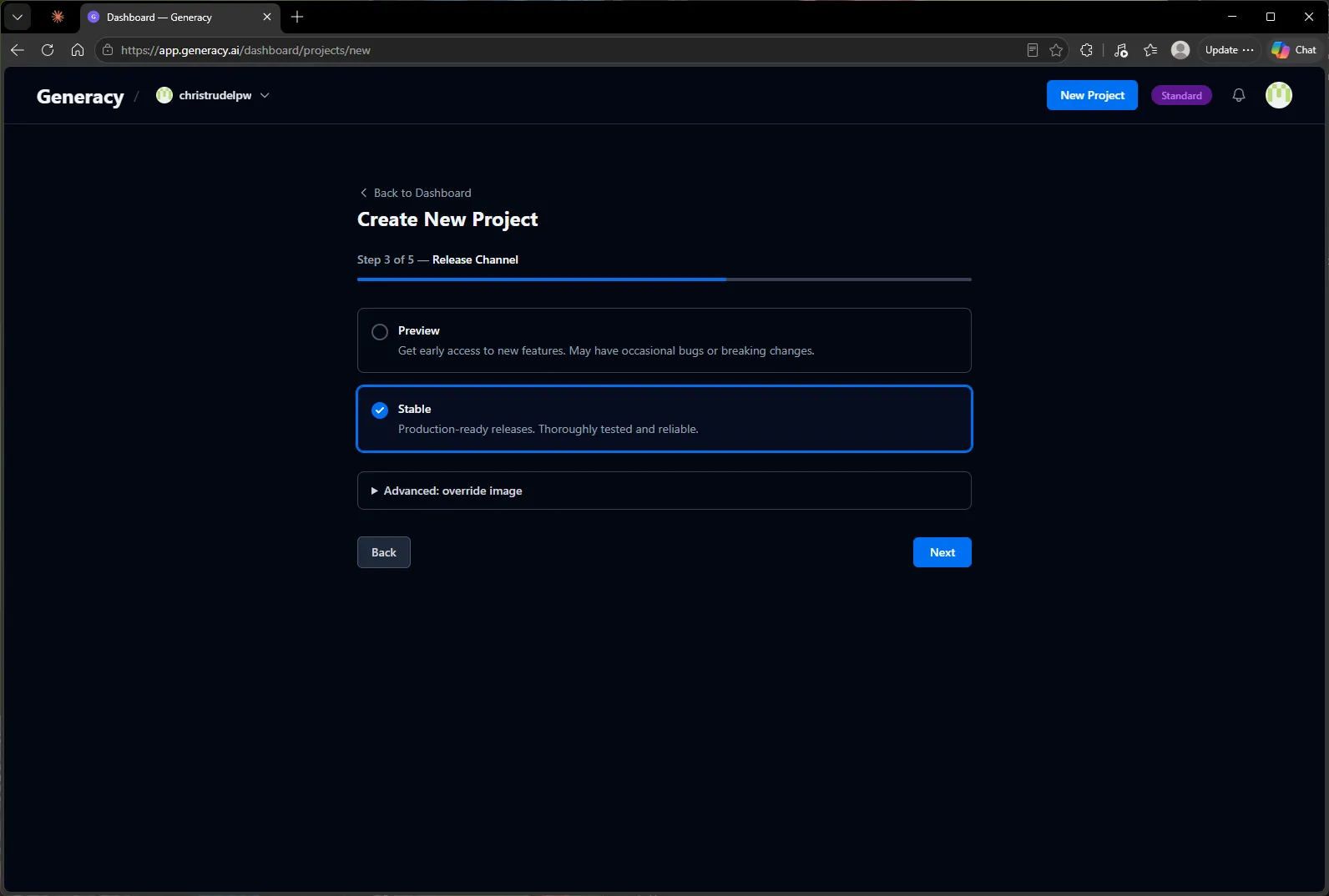 Step 3 of 5 — Release Channel: Preview versus Stable, with Stable selected.