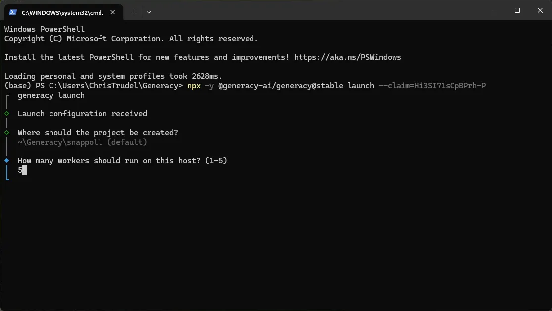 The launch CLI asking "How many workers should run on this host? (1–5)" with 5 entered.