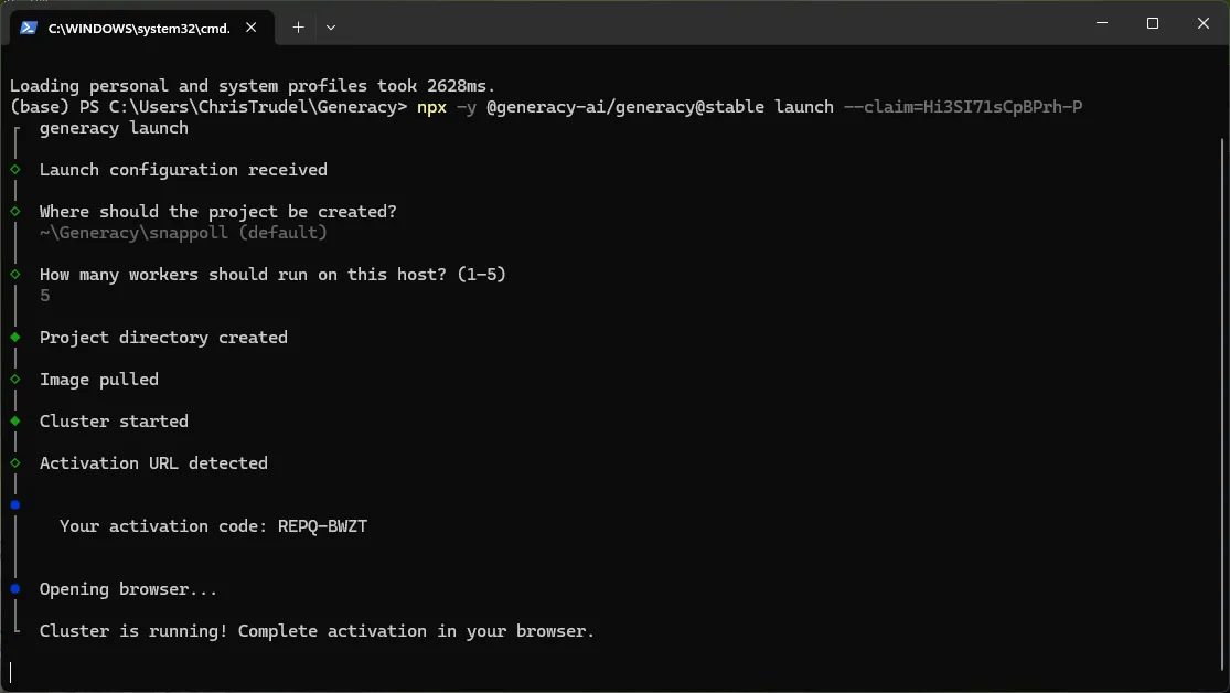 Launch progress: project directory created, image pulled, cluster started, activation URL detected — with the activation code REPQ-BWZT and "Cluster is running! Complete activation in your browser."