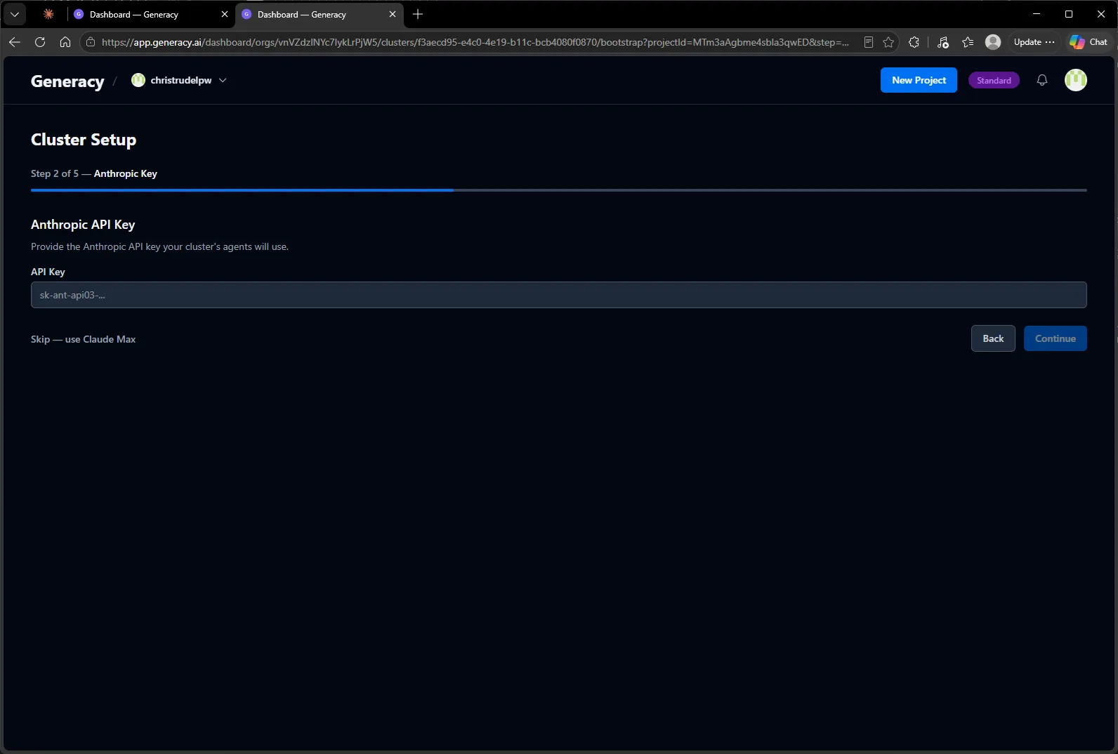 Cluster Setup step 2 — Anthropic API key entry, with a "Skip — use Claude Max" option.