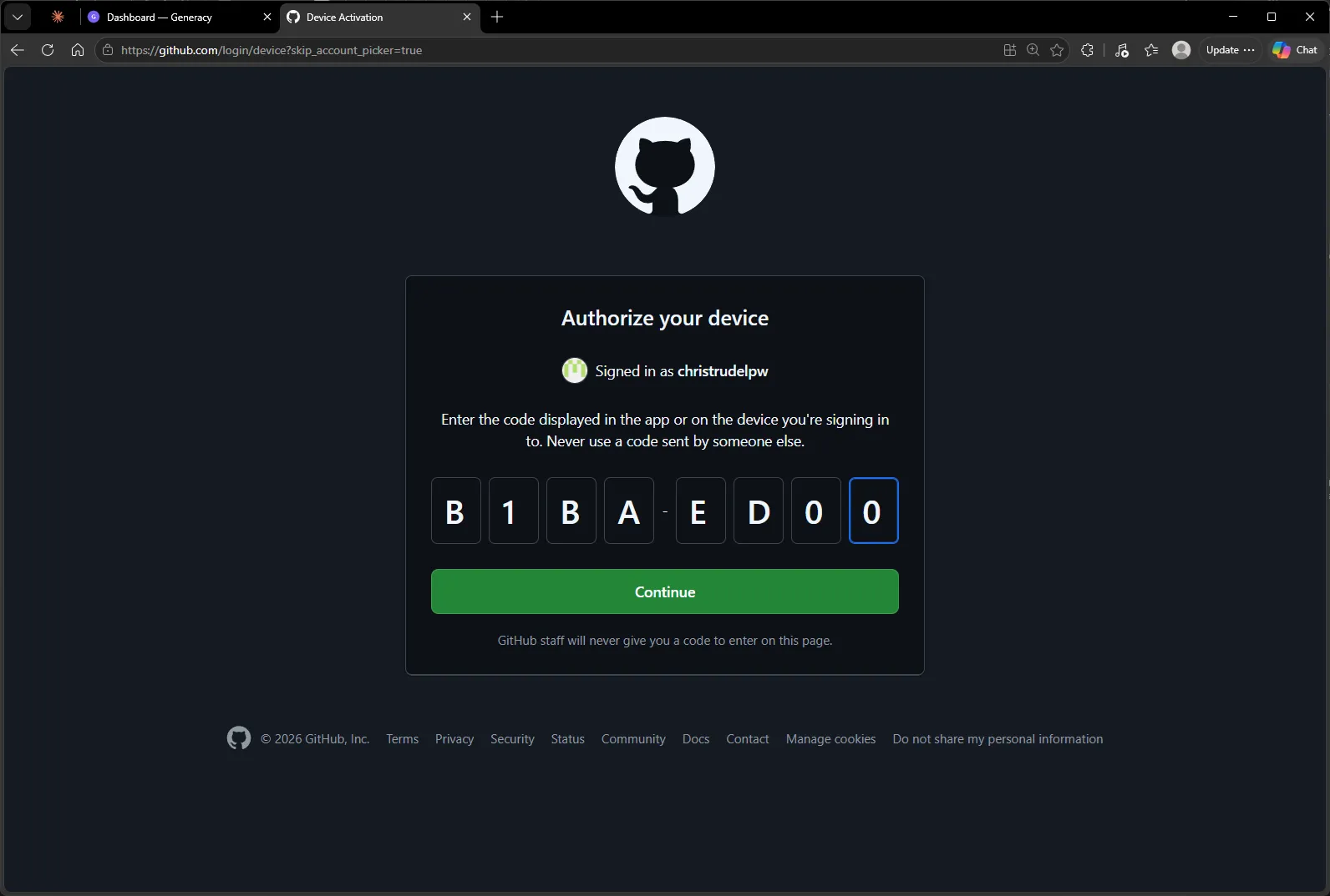 GitHub's Authorize your device page with the device code entered.