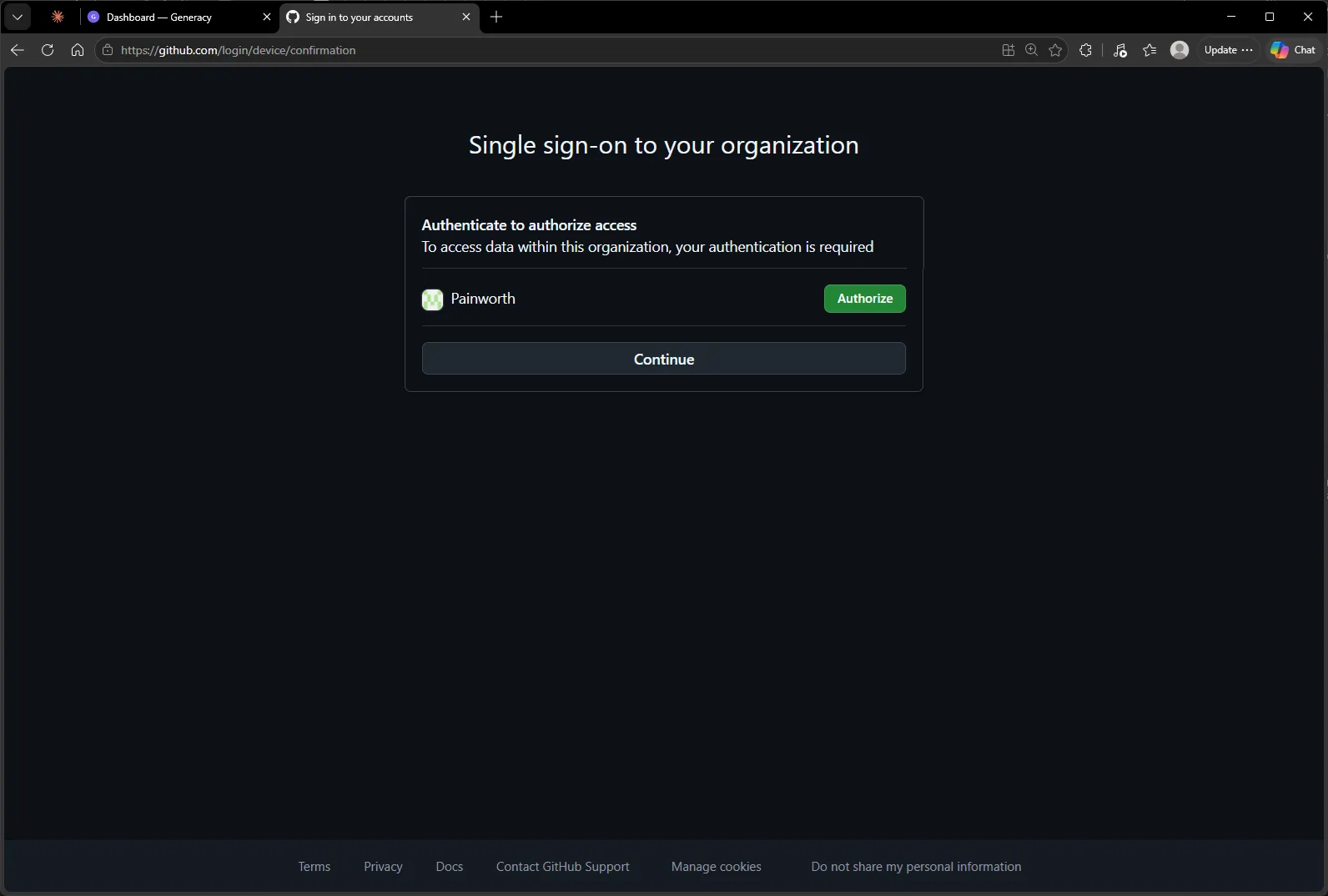 GitHub's single sign-on prompt asking to authorize the organization before continuing.