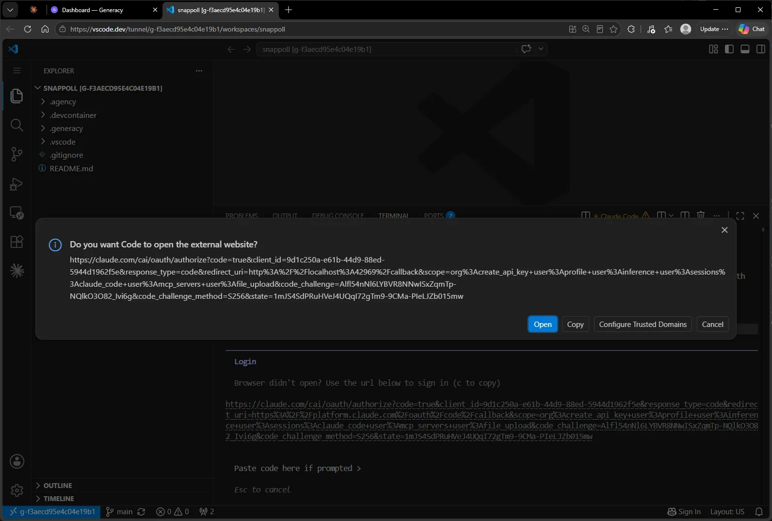 VS Code offering to open the first OAuth URL with a localhost redirect — the one to ignore when connected through a tunnel; the terminal below shows the fallback URL to use instead.