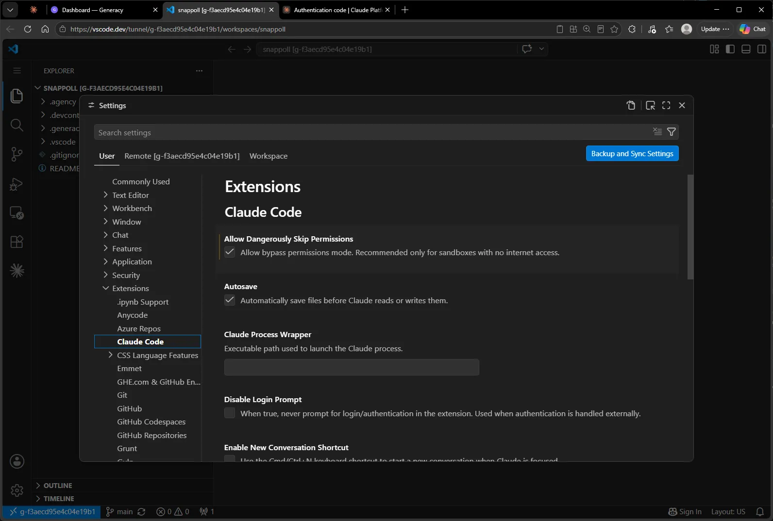 VS Code settings for the Claude Code extension: "Allow Dangerously Skip Permissions" checked, described as recommended only for sandboxed environments.