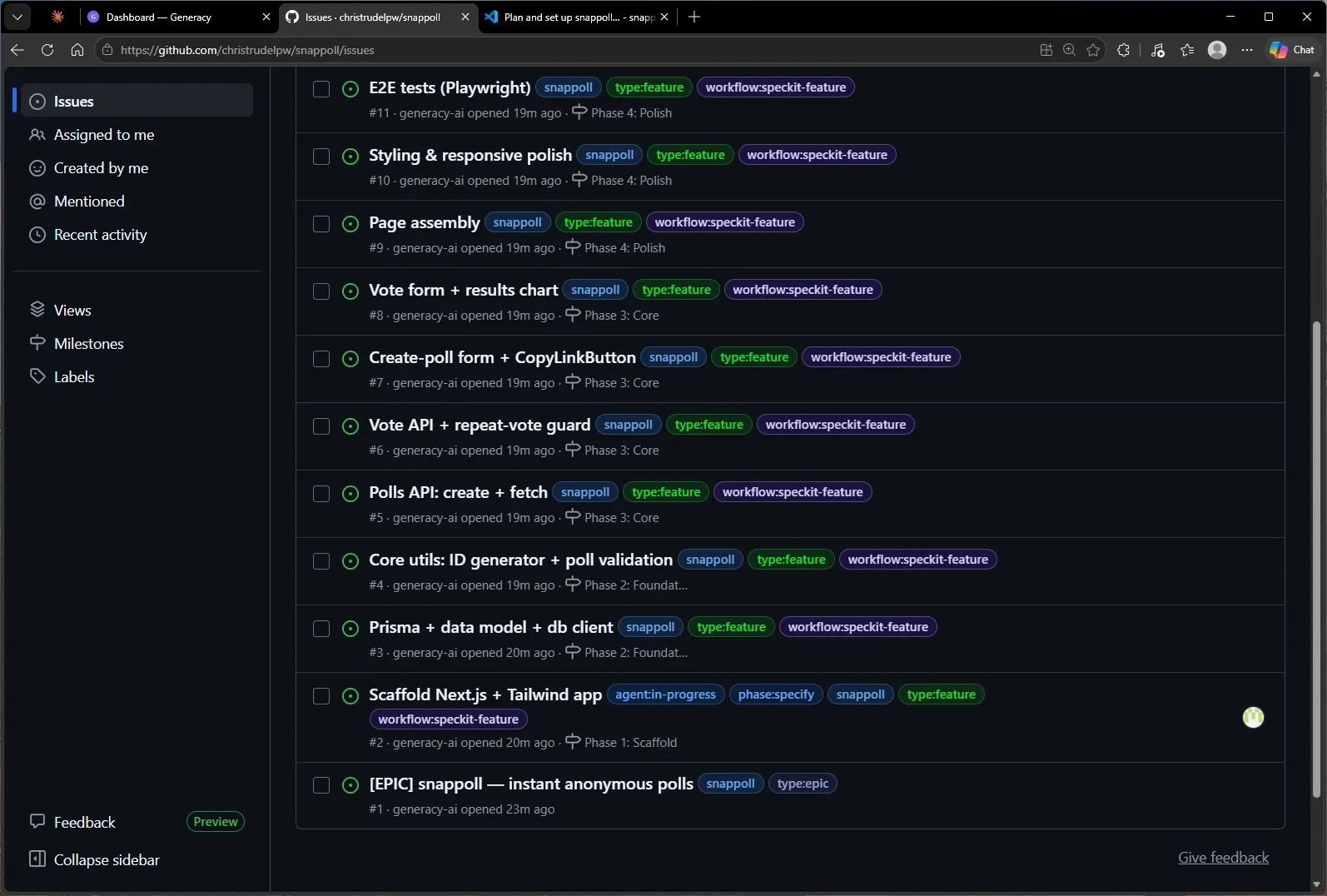 The GitHub issue list minutes later: #2 Scaffold Next.js + Tailwind app carrying agent:in-progress and phase:specify labels while the other eleven issues sit pending.