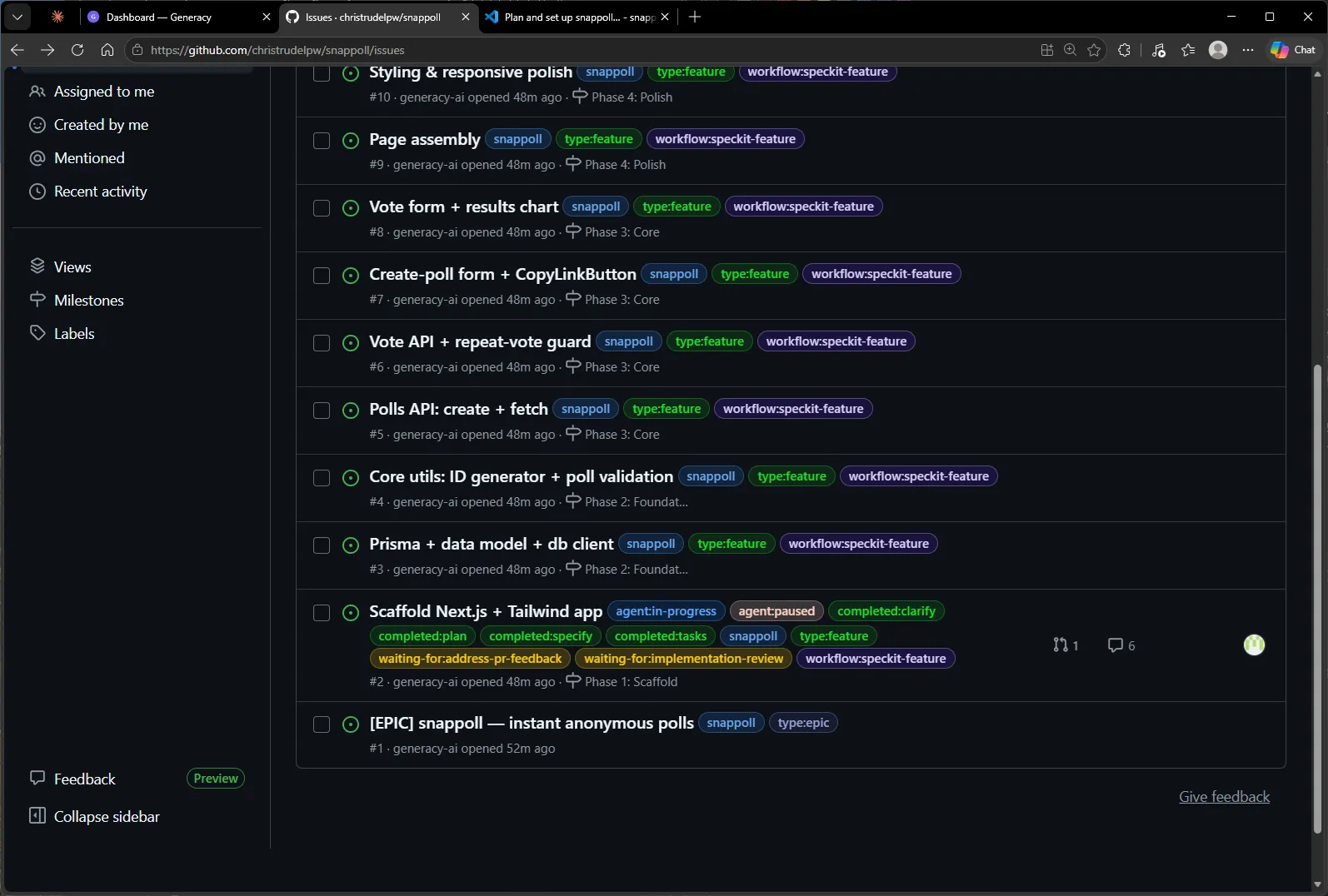 The issue list with #2 carrying waiting-for:address-pr-feedback alongside waiting-for:implementation-review — the engine routing the review finding back to the implementing agent.